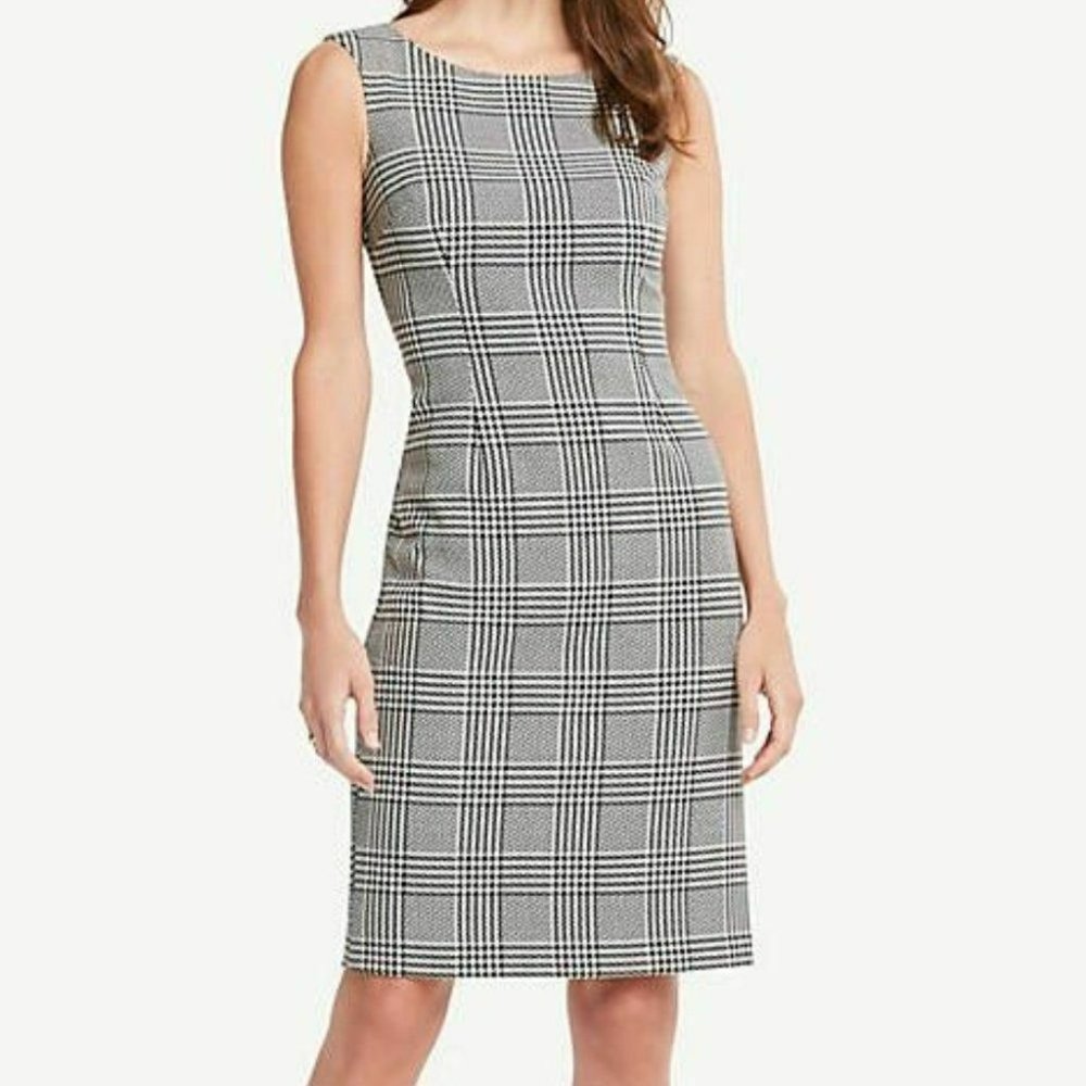 NWT ANN TAYLOR BLACK & WHITE HERRINGBONE PLAID CAREER CASUAL DRESS